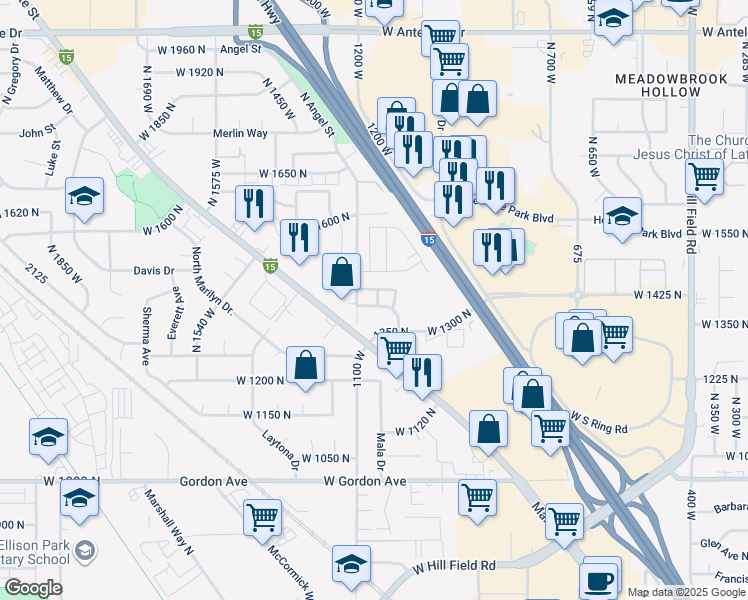 map of restaurants, bars, coffee shops, grocery stores, and more near 1409 Seraphim Lane in Layton