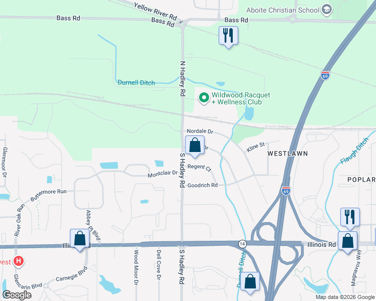 map of restaurants, bars, coffee shops, grocery stores, and more near 7033 Blake Drive in Fort Wayne