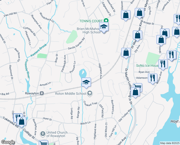 map of restaurants, bars, coffee shops, grocery stores, and more near 101 Rowayton Woods Drive in Norwalk