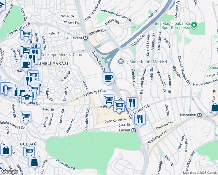map of restaurants, bars, coffee shops, grocery stores, and more near 199 Büyükdere Caddesi in Şişli