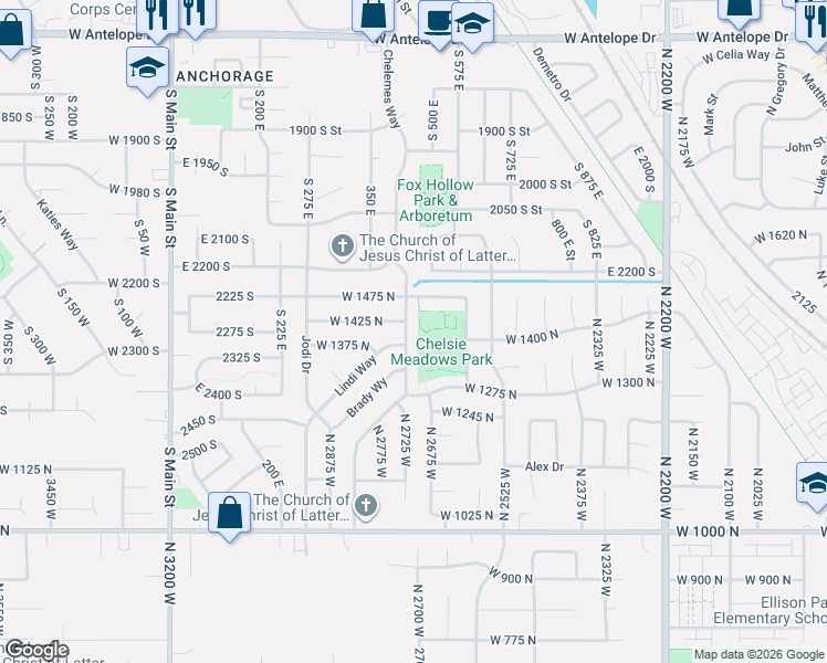 map of restaurants, bars, coffee shops, grocery stores, and more near 1410 North 2725 West in Layton
