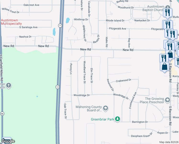 map of restaurants, bars, coffee shops, grocery stores, and more near 1966 Elm Trace Street in Youngstown
