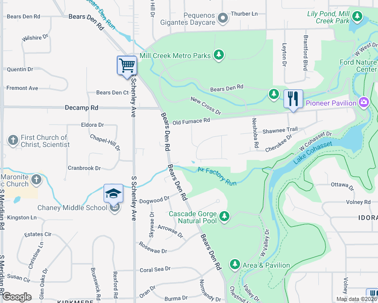 map of restaurants, bars, coffee shops, grocery stores, and more near 2376 Shawnee Trail in Youngstown