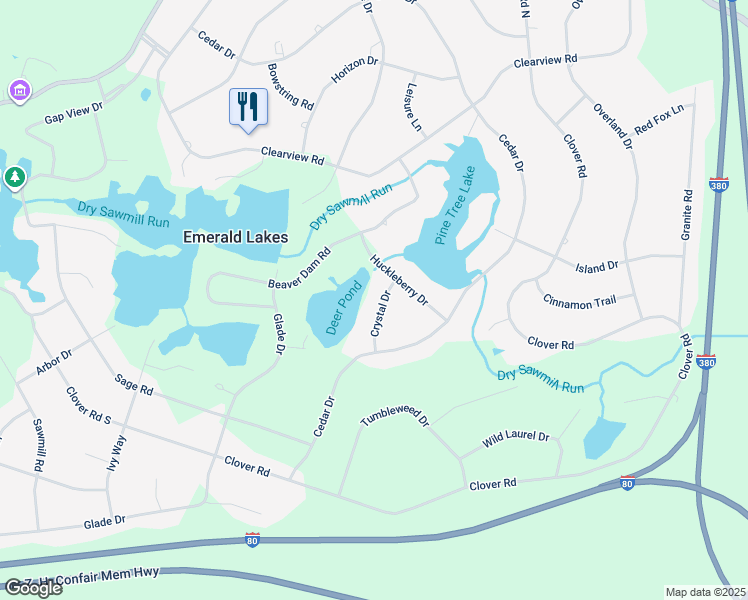 map of restaurants, bars, coffee shops, grocery stores, and more near 125 Crystal Drive in Long Pond