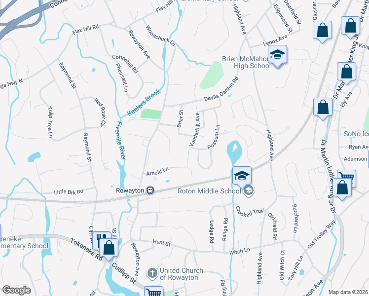 map of restaurants, bars, coffee shops, grocery stores, and more near 38 Vanderbilt Avenue in Norwalk