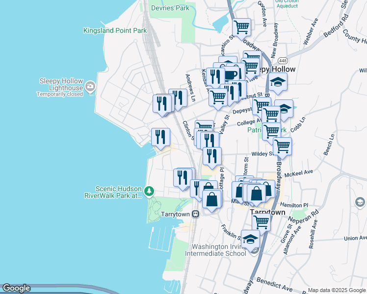 map of restaurants, bars, coffee shops, grocery stores, and more near 1 Division Street in Tarrytown