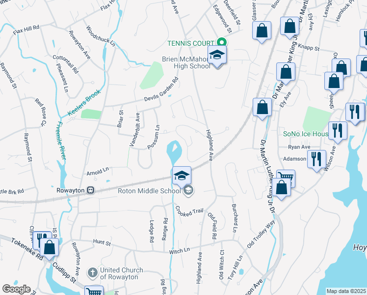 map of restaurants, bars, coffee shops, grocery stores, and more near 101 Rowayton Woods Drive in Norwalk