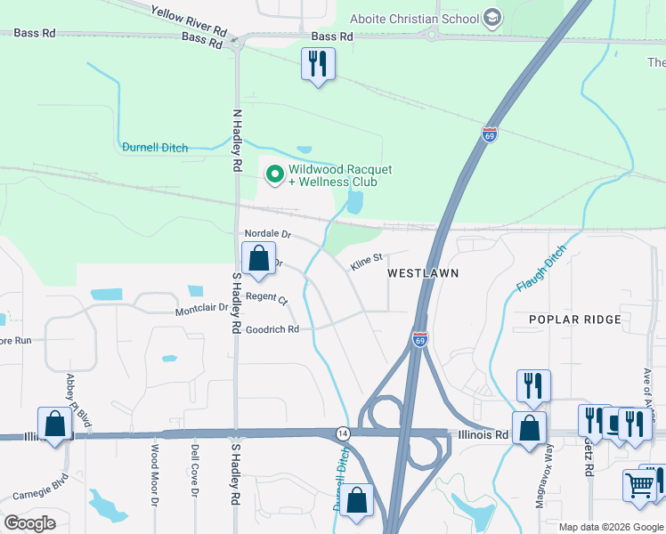 map of restaurants, bars, coffee shops, grocery stores, and more near 204 Nordale Drive in Fort Wayne