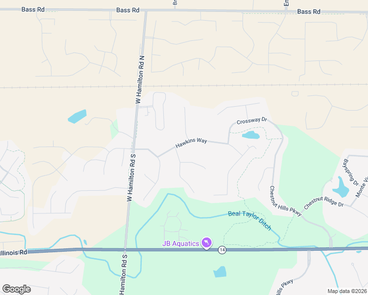 map of restaurants, bars, coffee shops, grocery stores, and more near 12315 Hawkins Way in Fort Wayne