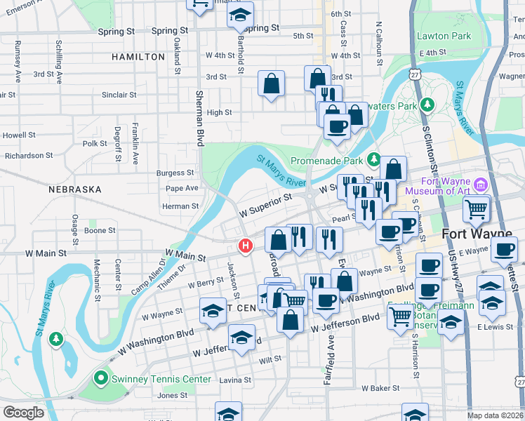 map of restaurants, bars, coffee shops, grocery stores, and more near 705 W Superior St in Fort Wayne