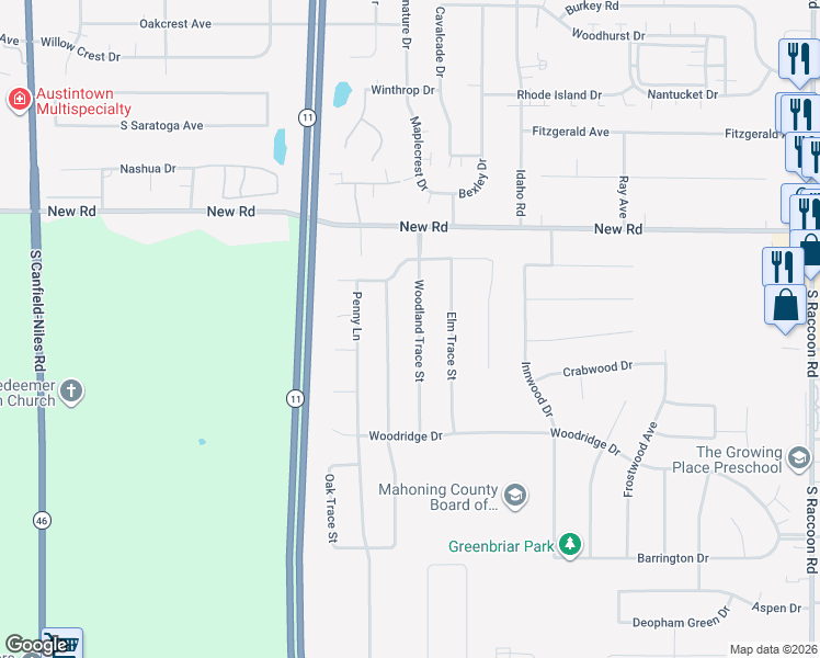 map of restaurants, bars, coffee shops, grocery stores, and more near 1966 Woodland Trce in Youngstown