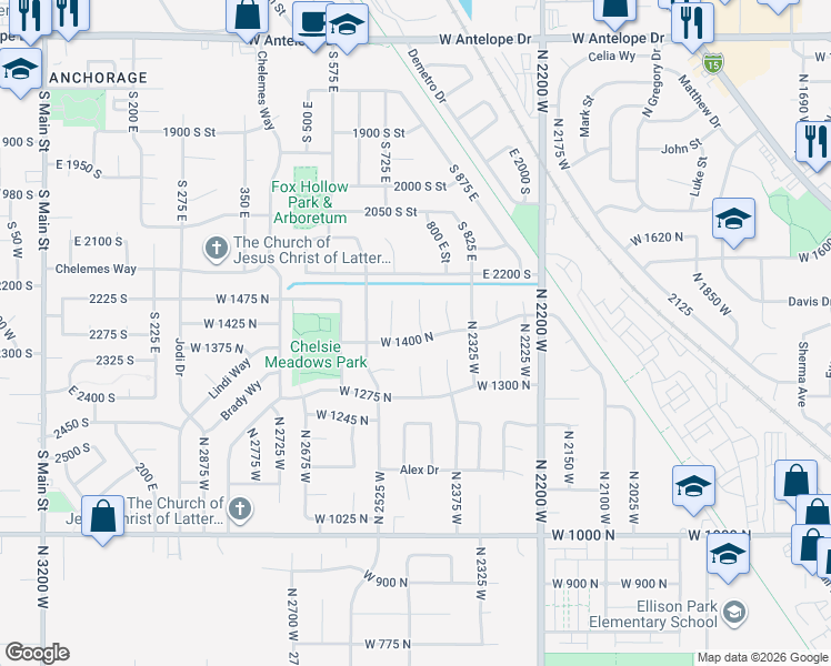 map of restaurants, bars, coffee shops, grocery stores, and more near 2438 West 1400 North in Layton