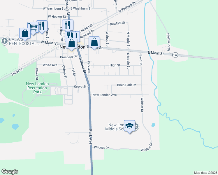 map of restaurants, bars, coffee shops, grocery stores, and more near 66 Birch Park Drive in New London