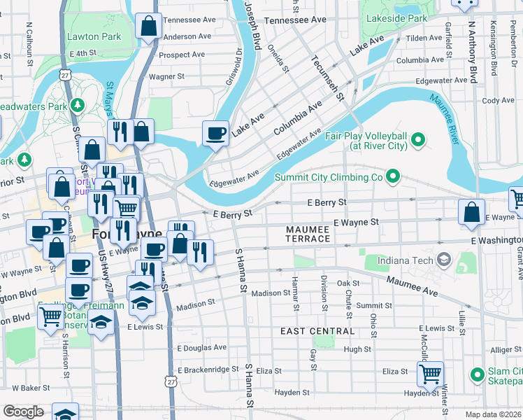 map of restaurants, bars, coffee shops, grocery stores, and more near 808 Francis Street in Fort Wayne
