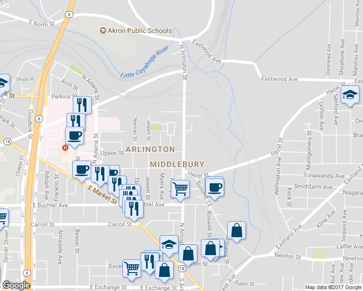 map of restaurants, bars, coffee shops, grocery stores, and more near 300 North Arlington Street in Akron