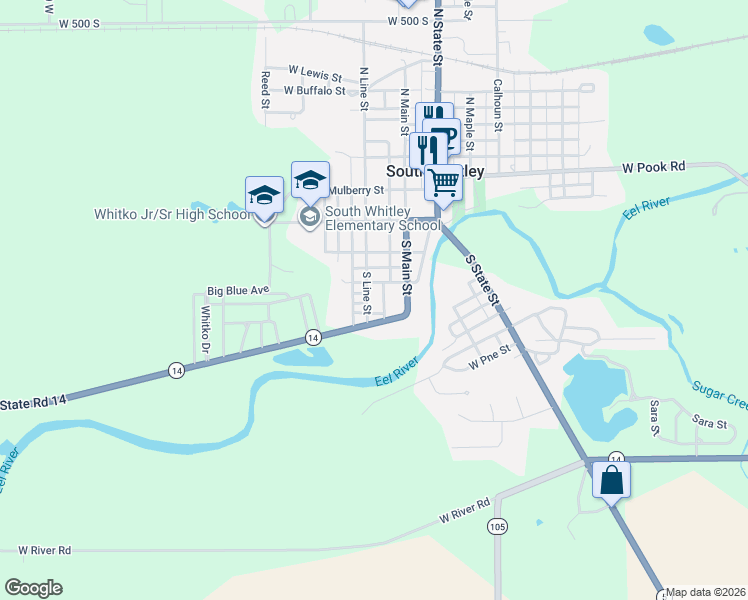 map of restaurants, bars, coffee shops, grocery stores, and more near 510 South Line Street in South Whitley