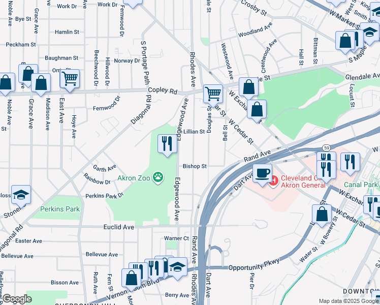 map of restaurants, bars, coffee shops, grocery stores, and more near 490 Rhodes Avenue in Akron