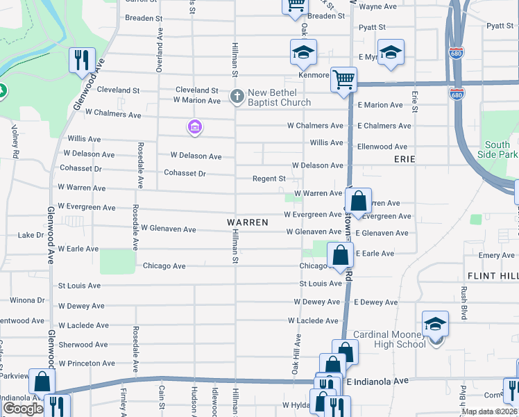 map of restaurants, bars, coffee shops, grocery stores, and more near 172 W Evergreen Ave in Youngstown