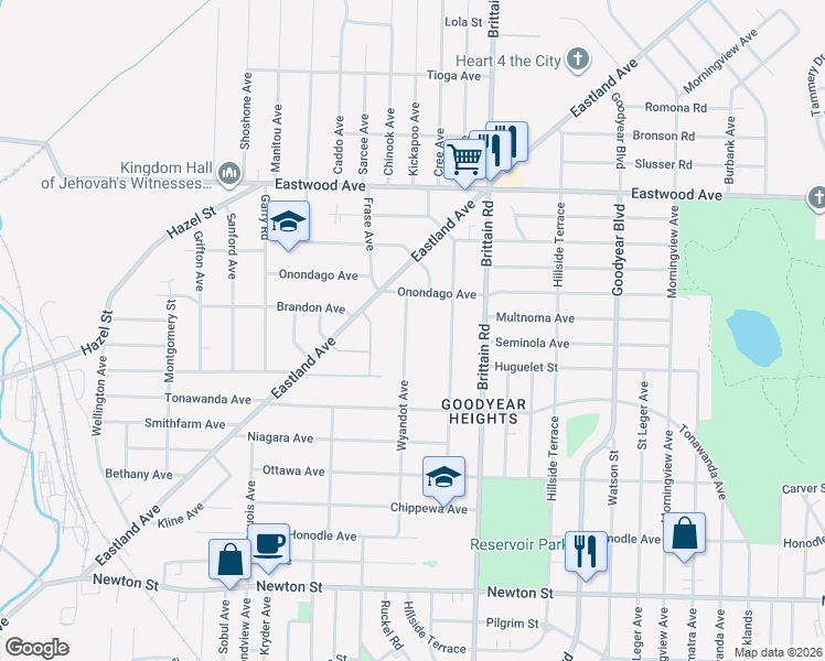map of restaurants, bars, coffee shops, grocery stores, and more near 659 Wyandot Avenue in Akron