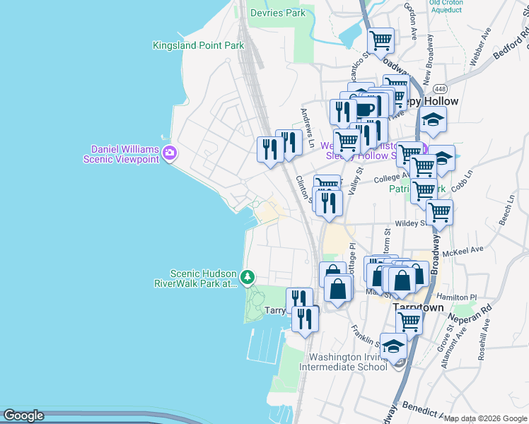 map of restaurants, bars, coffee shops, grocery stores, and more near 24 River Street in Sleepy Hollow