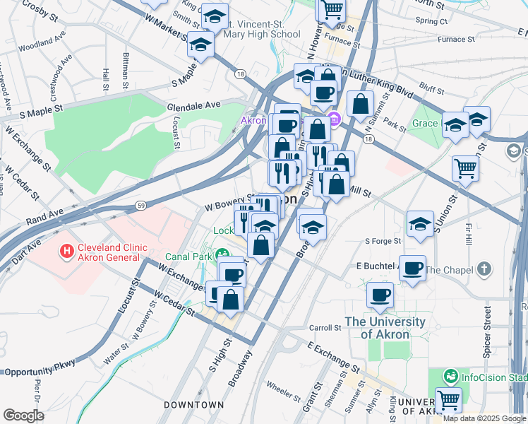map of restaurants, bars, coffee shops, grocery stores, and more near 182 South Main Street in Akron