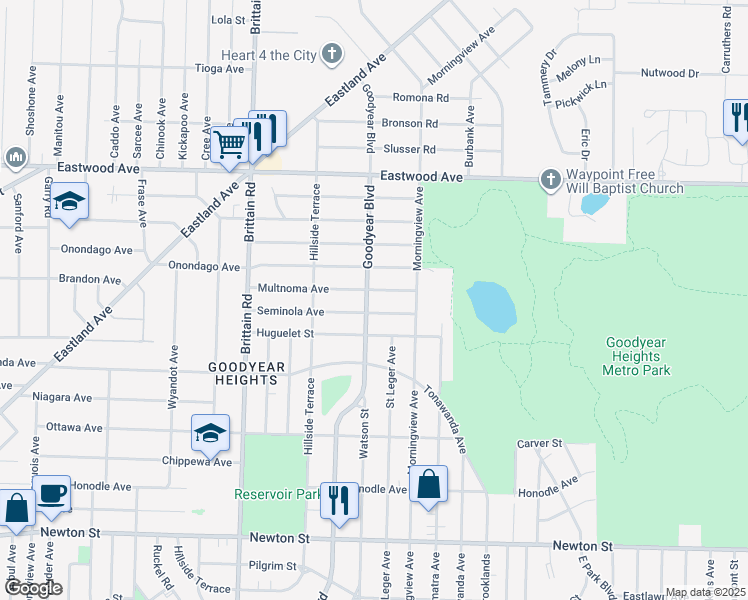 map of restaurants, bars, coffee shops, grocery stores, and more near 2020 Goodyear Boulevard in Akron