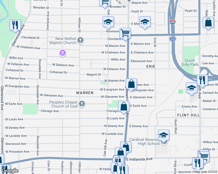 map of restaurants, bars, coffee shops, grocery stores, and more near 68 West Evergreen Avenue in Youngstown