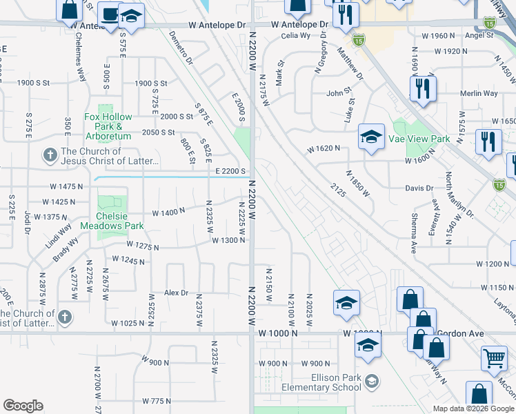 map of restaurants, bars, coffee shops, grocery stores, and more near 1408 North 2200 West in Layton