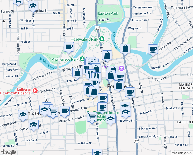 map of restaurants, bars, coffee shops, grocery stores, and more near 624 South Calhoun Street in Fort Wayne