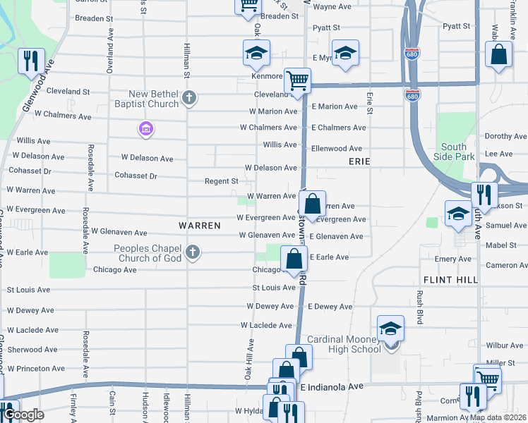 map of restaurants, bars, coffee shops, grocery stores, and more near 68 West Evergreen Avenue in Youngstown