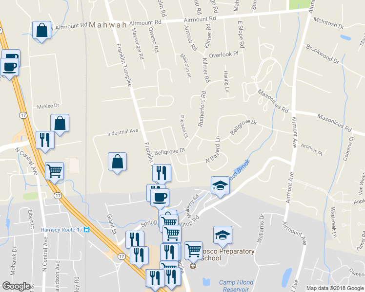 map of restaurants, bars, coffee shops, grocery stores, and more near 90 Bellgrove Drive in Mahwah
