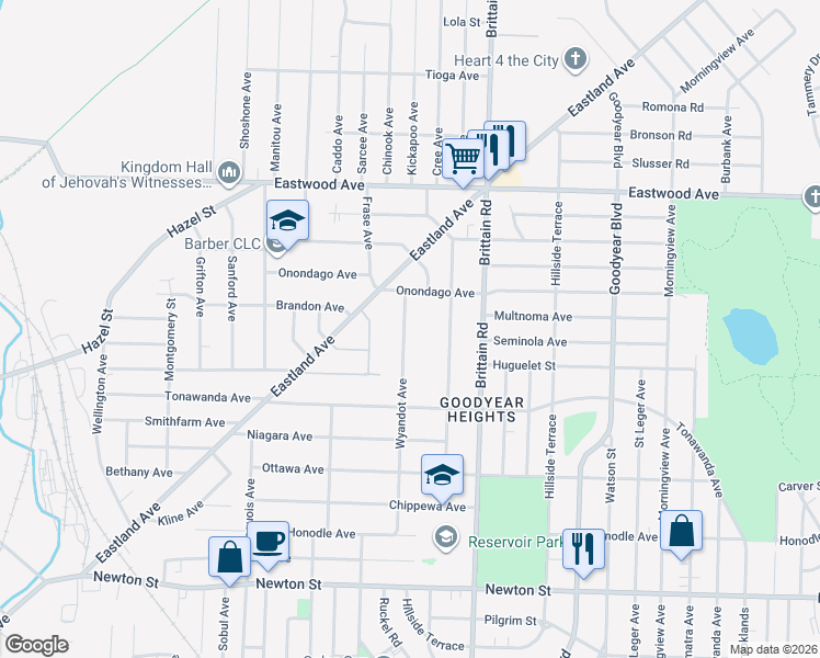 map of restaurants, bars, coffee shops, grocery stores, and more near 659 Wyandot Avenue in Akron