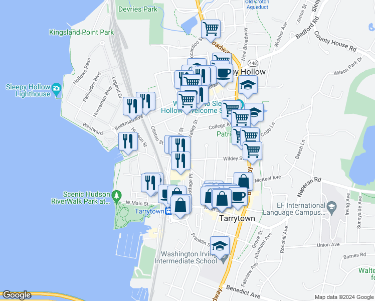 map of restaurants, bars, coffee shops, grocery stores, and more near 90 Valley Street in Sleepy Hollow