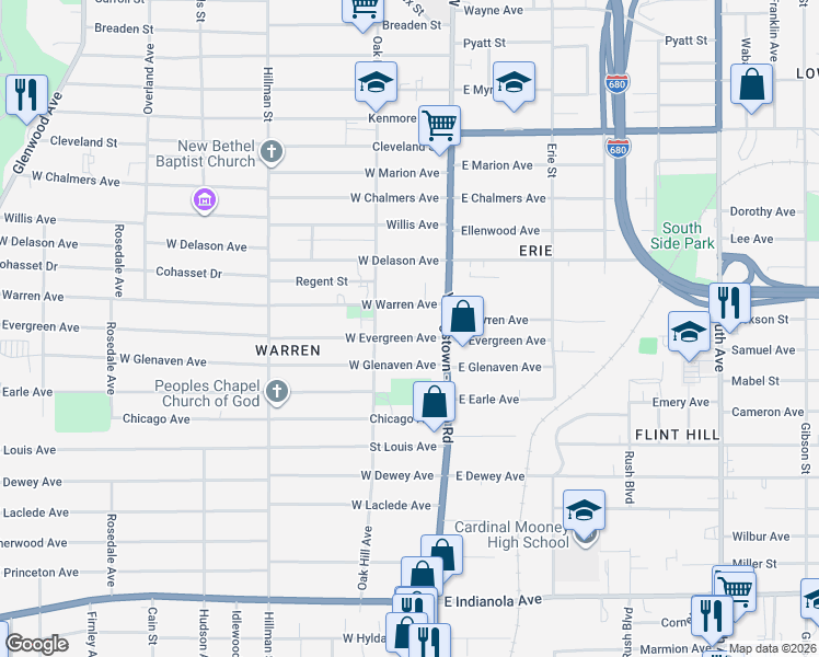 map of restaurants, bars, coffee shops, grocery stores, and more near 32 West Evergreen Avenue in Youngstown