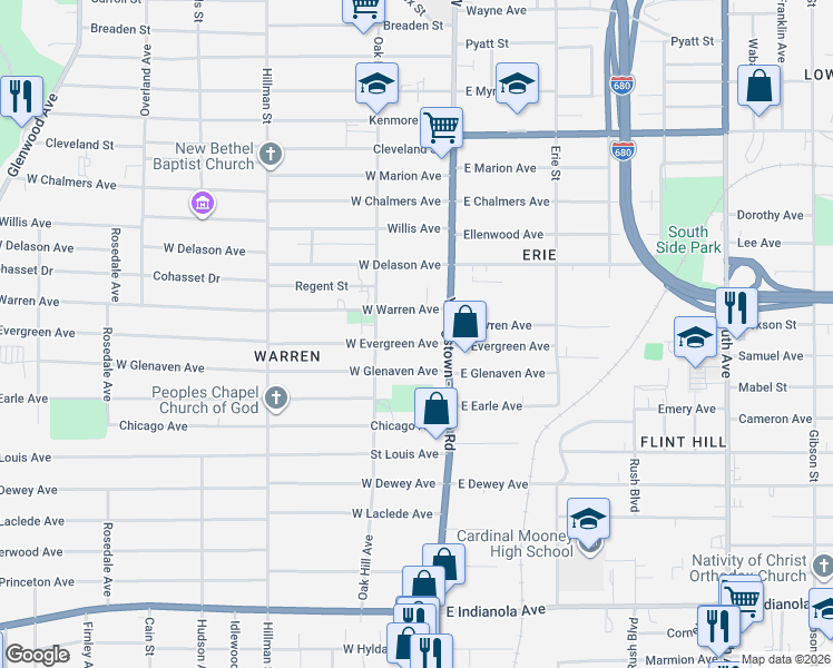 map of restaurants, bars, coffee shops, grocery stores, and more near 32 West Evergreen Avenue in Youngstown