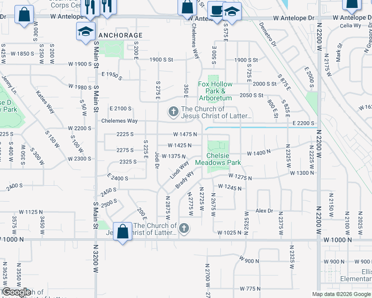 map of restaurants, bars, coffee shops, grocery stores, and more near 2791 West 1425 North in Layton