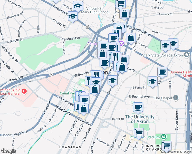 map of restaurants, bars, coffee shops, grocery stores, and more near 182 South Main Street in Akron