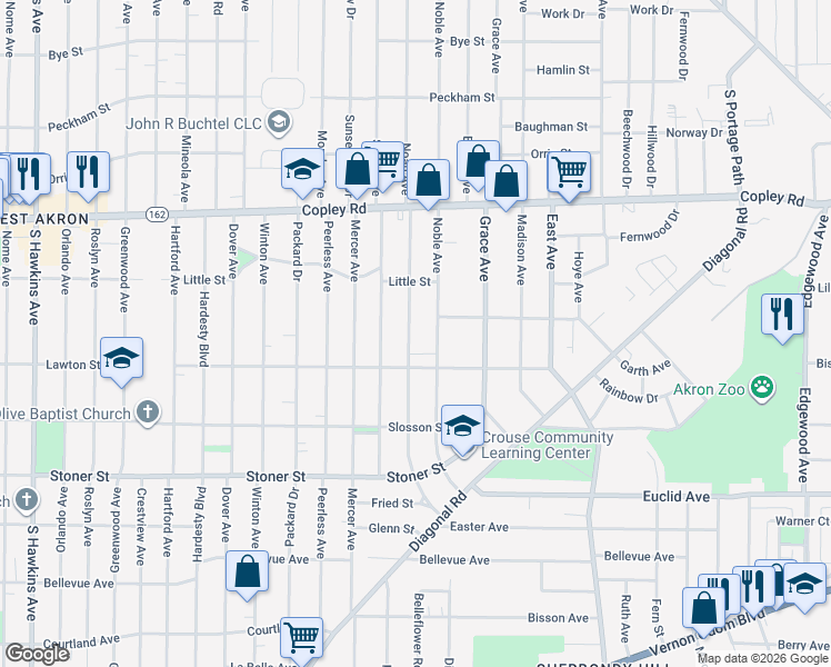 map of restaurants, bars, coffee shops, grocery stores, and more near 621 Noah Avenue in Akron