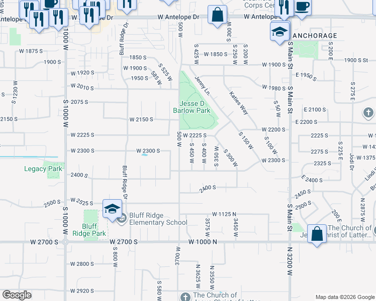 map of restaurants, bars, coffee shops, grocery stores, and more near 2253 South 450 West in Clearfield