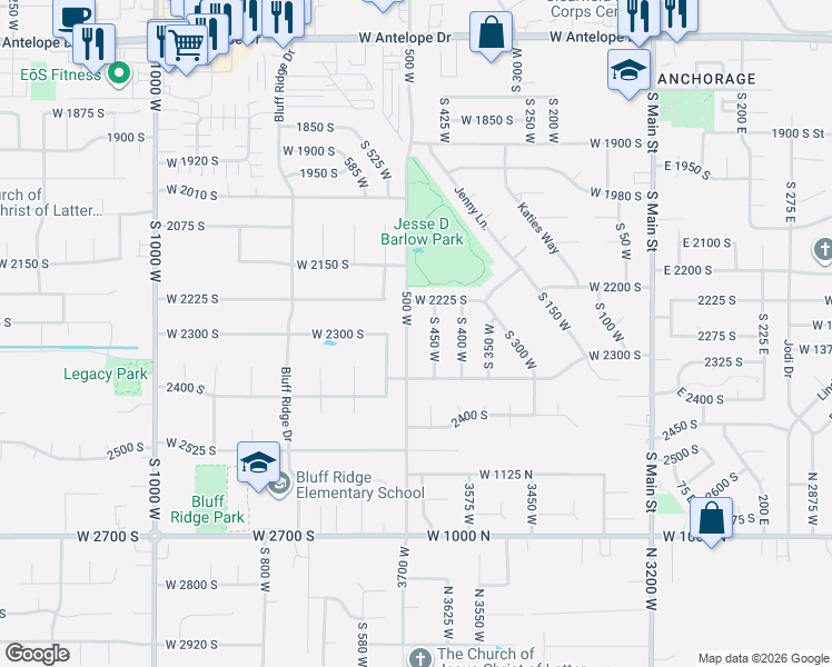 map of restaurants, bars, coffee shops, grocery stores, and more near 2253 South 450 West in Clearfield