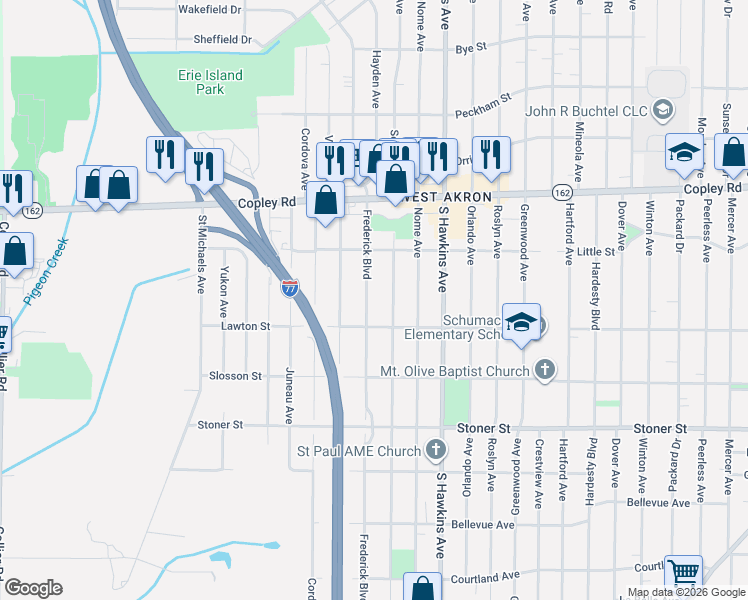 map of restaurants, bars, coffee shops, grocery stores, and more near 1055 Frederick Boulevard in Akron