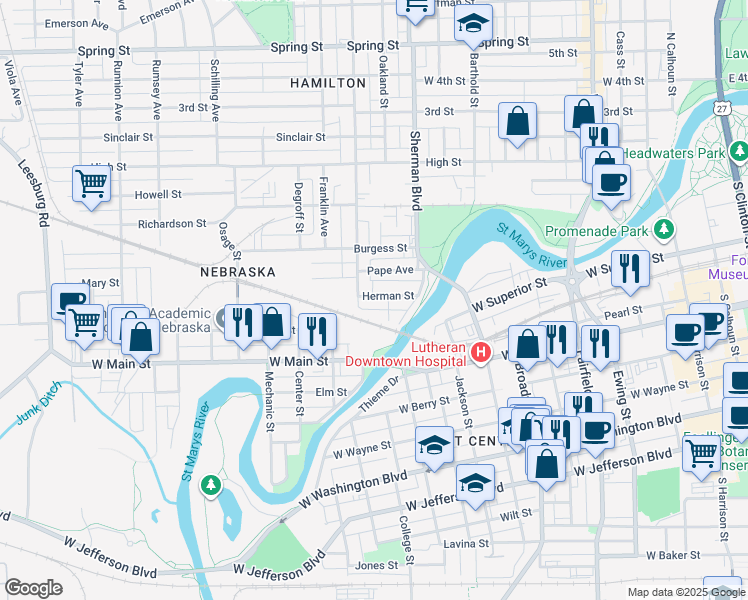 map of restaurants, bars, coffee shops, grocery stores, and more near 1017 Herman Street in Fort Wayne