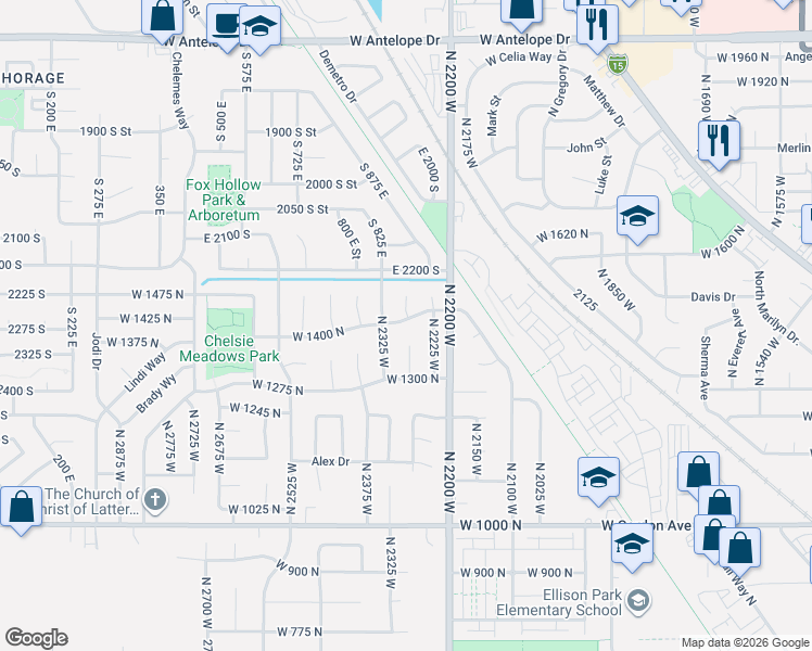 map of restaurants, bars, coffee shops, grocery stores, and more near 1425 North 2225 West in Layton