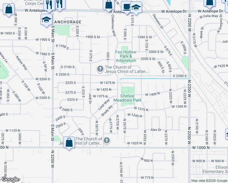 map of restaurants, bars, coffee shops, grocery stores, and more near 1410 North 2725 West in Layton