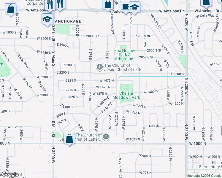 map of restaurants, bars, coffee shops, grocery stores, and more near 2791 West 1425 North in Layton