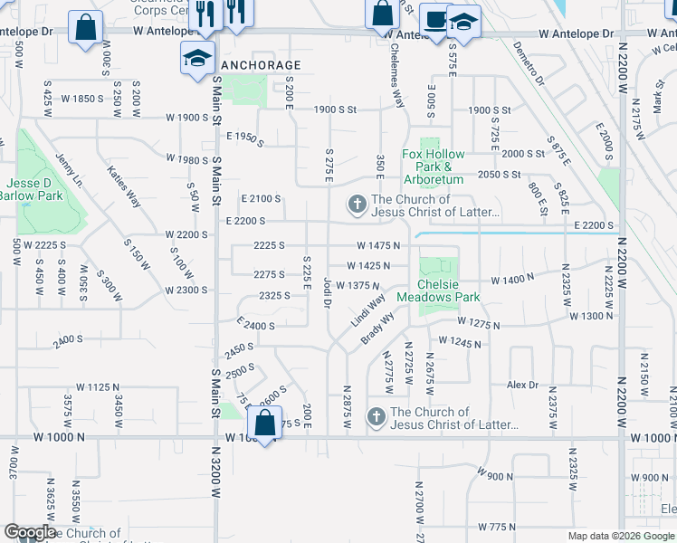 map of restaurants, bars, coffee shops, grocery stores, and more near 2881 West 1425 North in Layton
