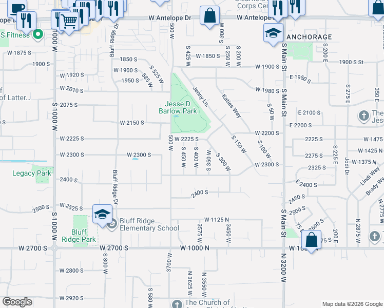 map of restaurants, bars, coffee shops, grocery stores, and more near 2258 South 400 West in Clearfield