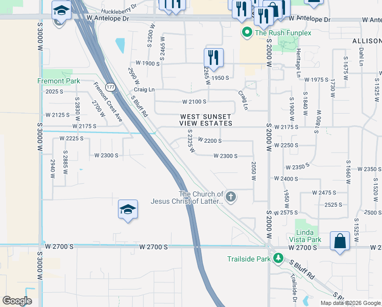 map of restaurants, bars, coffee shops, grocery stores, and more near 2302 South 2325 West in Syracuse