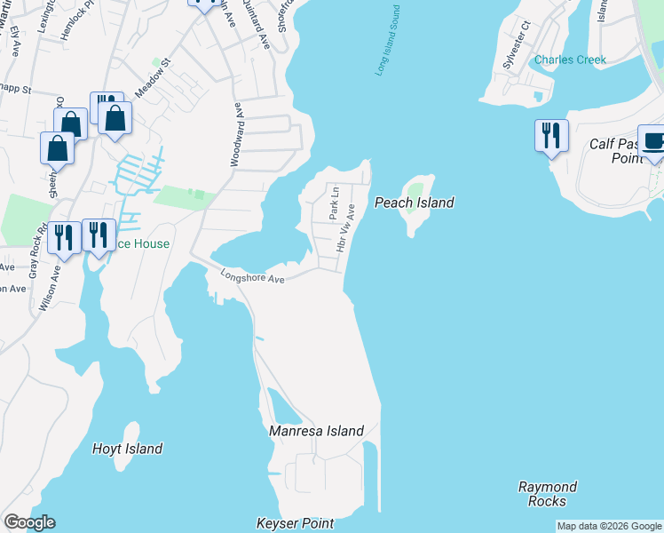 map of restaurants, bars, coffee shops, grocery stores, and more near 1 Longshore Avenue in Norwalk