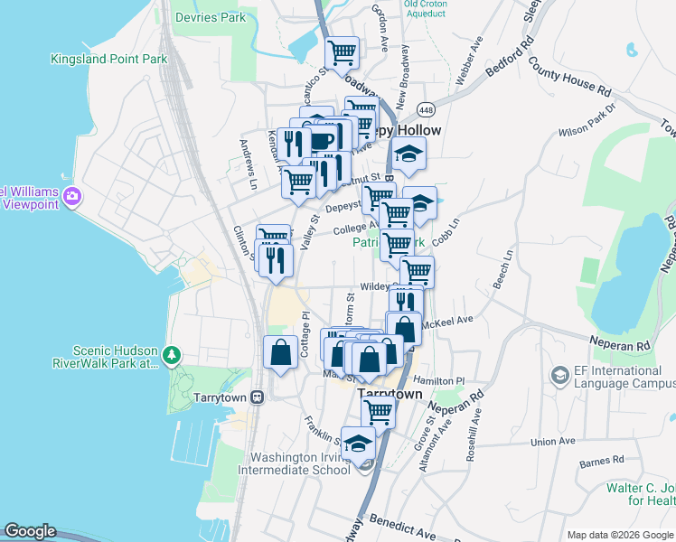 map of restaurants, bars, coffee shops, grocery stores, and more near 17 Wood Court in Tarrytown